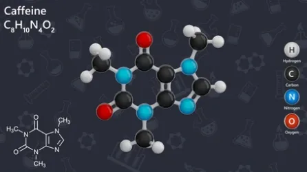 Caffeine molecule diagram showing the chemical structure C8H10N4O2