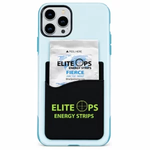 EliteOps phone wallet holding an Arctic Mint energy strip pack